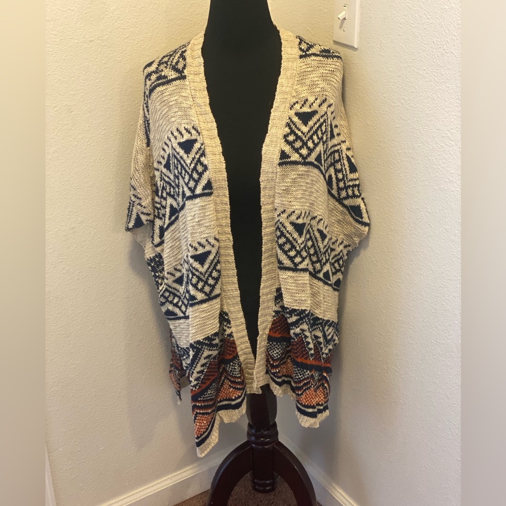 Almost Famous Bohemian Aztec Print Knit Open Front Sweater Oversized Dolman S M
